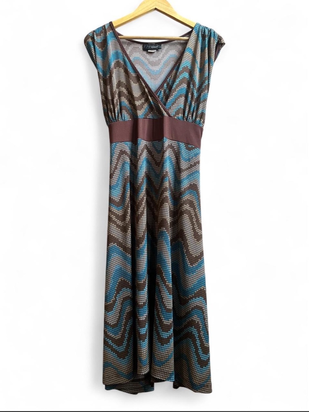 Vintage 90s “Hypnotik” made in USA blue, brown, and beige geometric midi dress